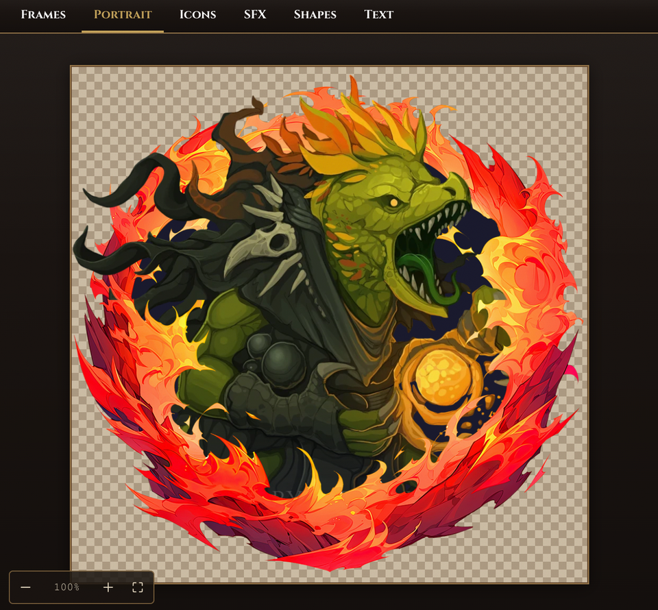 A flame frame around a dragon portrait in the token editor