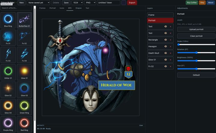 Token Editor interface with frame library and portrait layers
